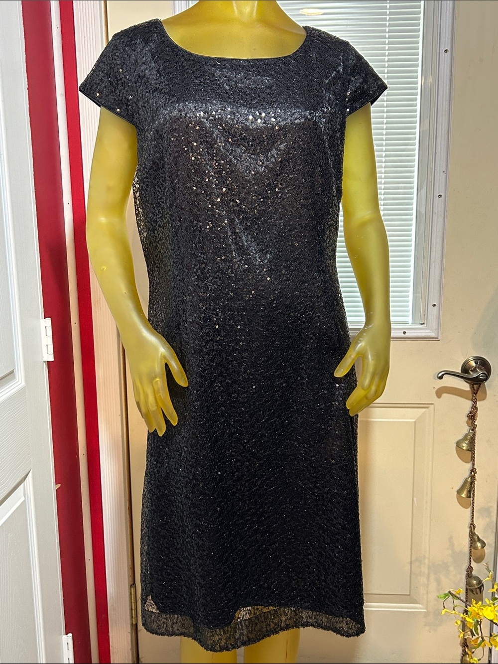 NWOT Tahari Arthur S. Levine Black Sequin Cap-Sleeve Midi Dress